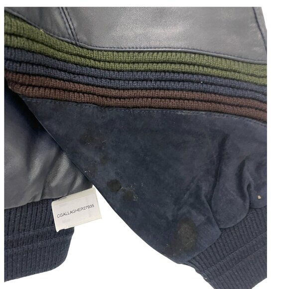 VTG Saxony Mens Sweater Jacket Size M Genuine Leather Acrylic Black Knit Hip Hop - Picture 6 of 9